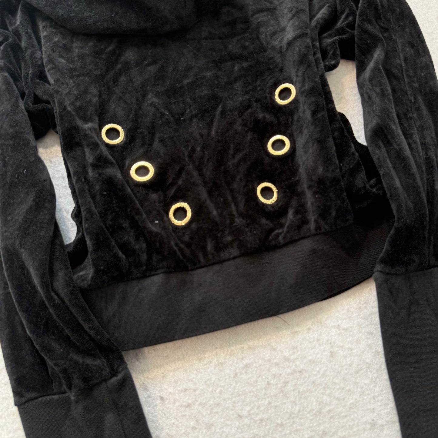 Juicy Couture Women's Black Velour Zip-Up Hoodie Gold Grommets Black Label Size M