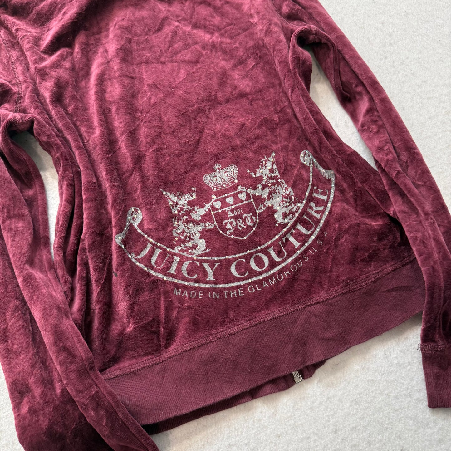 Juicy Couture Scottie Dogs Women's Burgundy Velour Zip-Up Hoodie Pockets Size M