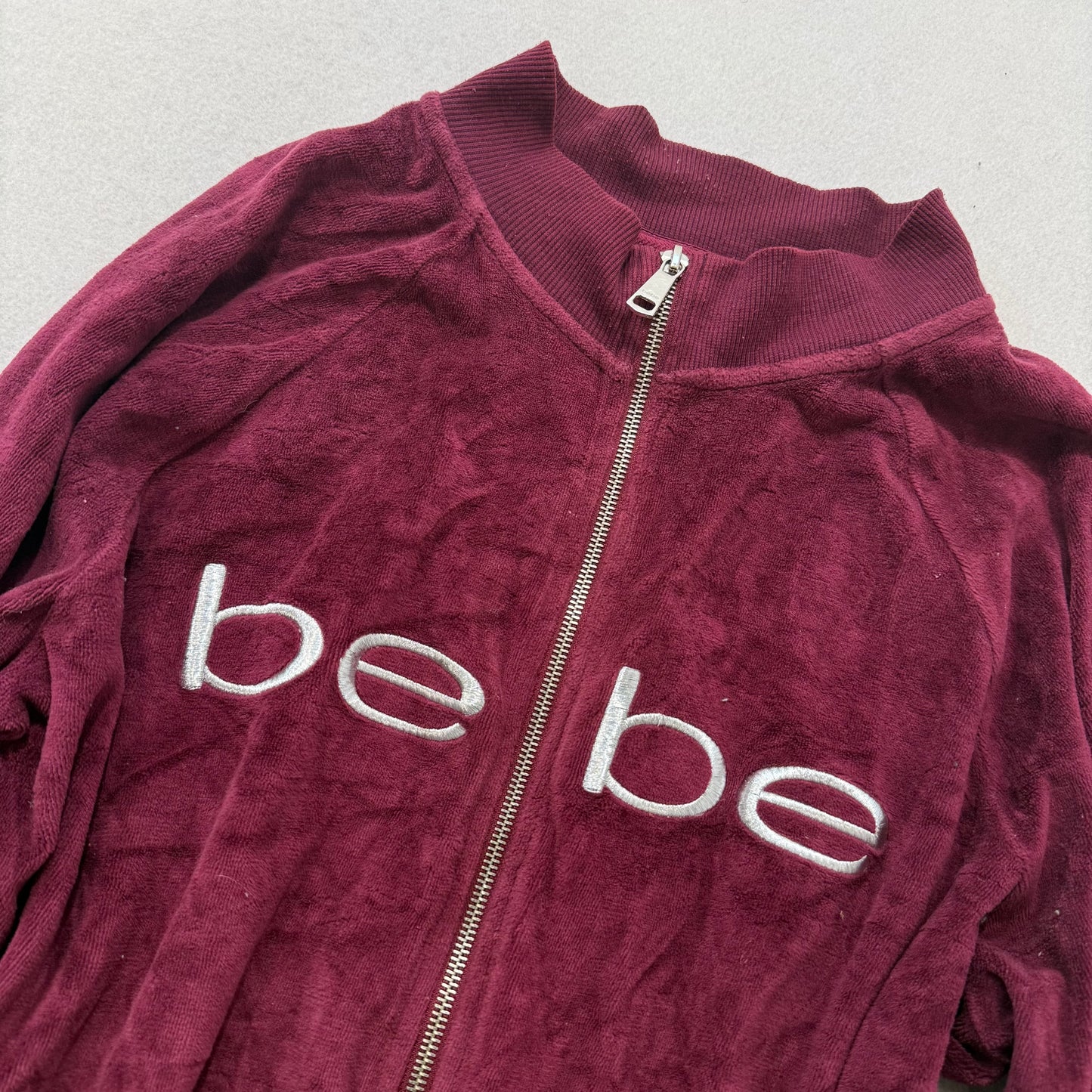 Bebe Sport Women's Burgundy Velour Zip-Up Track Jacket Embroidered Logo Size XL