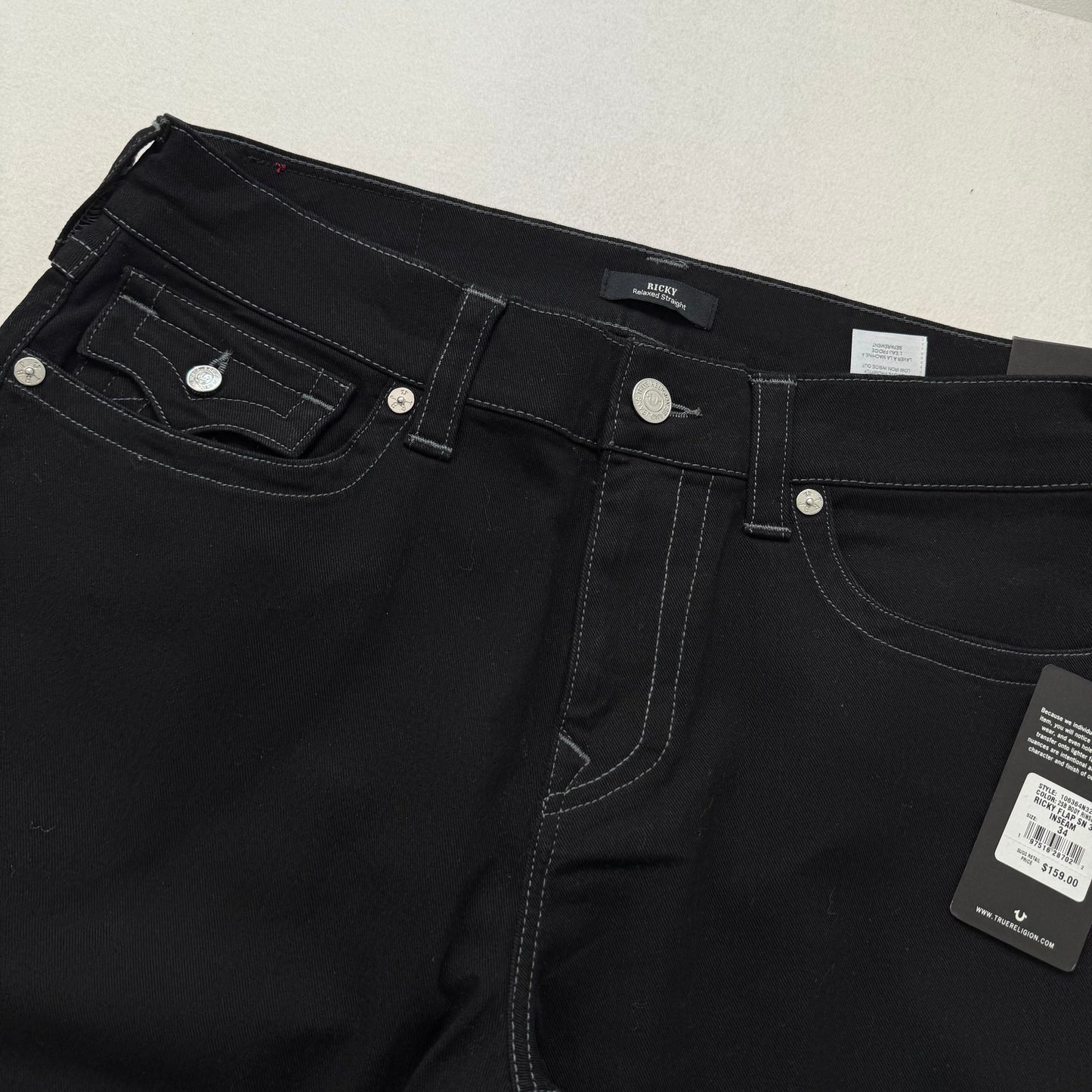 True Religion Ricky Straight Leg Black Denim Jeans Contrast Stitching Back Flap Pockets Size W34 L32
