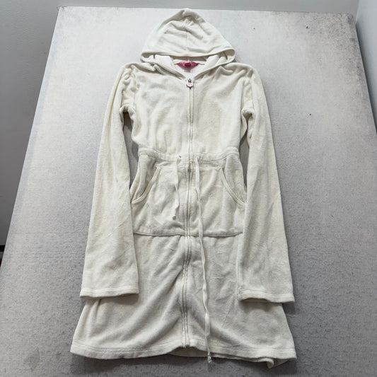 Vintage Victoria's Secret PINK Women Cream Terry Cloth Zip-Up Long Hoodie Size S