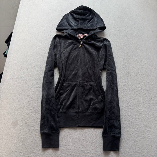 Vintage Juicy Couture Scottie Dogs Womens Deep Gray Velour Hoodie Rhinestone - S