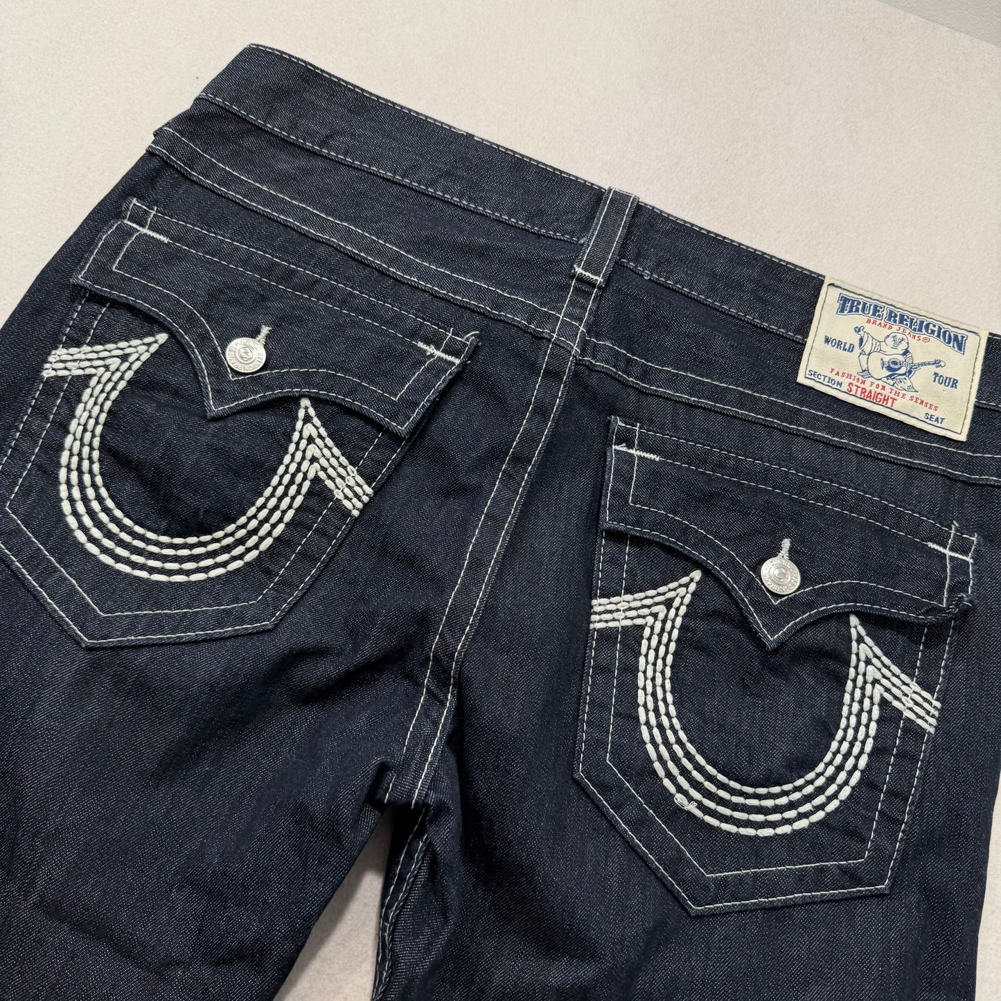 True Religion Ricky Men's Blue Straight Jeans Triple Stitch Flap Pocket Size 36