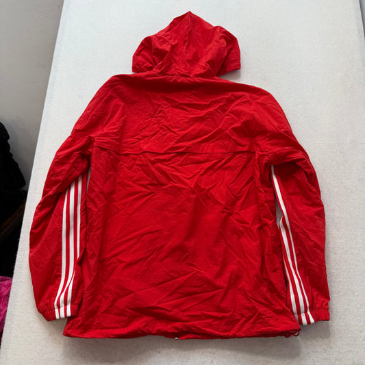 Adidas Men's Bright Red Polyester Zip Up Windbreaker Hoodie 3-Stripe Logo Size L