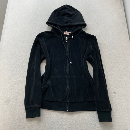 Vintage Juicy Couture Womens Black Velour Zip-Up Hoodie Drawstring Pocket Size L