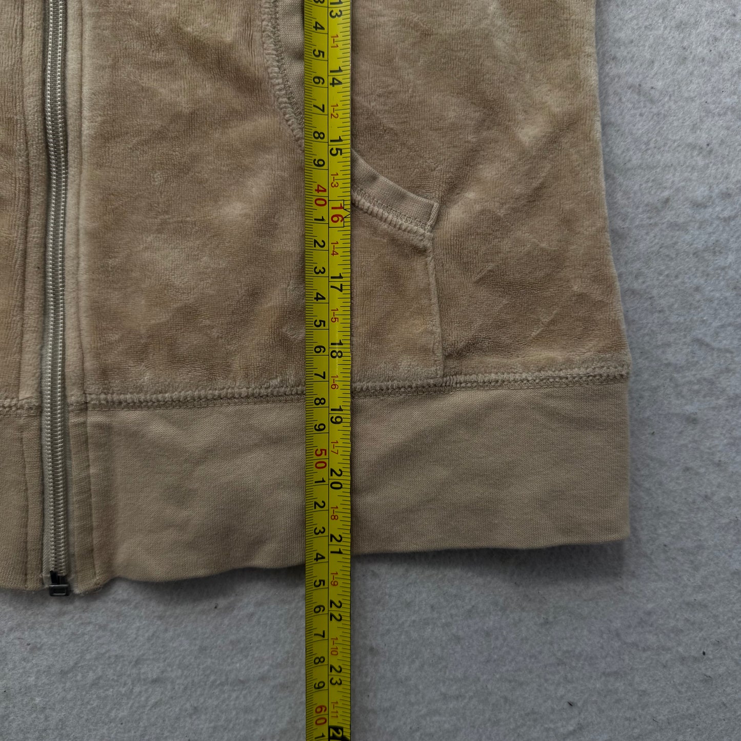 Vintage Juicy Couture "Queen of Couture" Women Khaki Velour Zip-Up Hoodie Size L