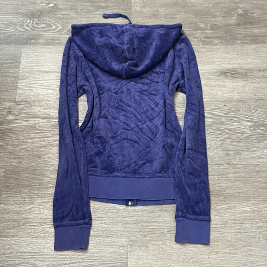 Juicy Couture Women's Indigo Blue Velour Zip-Up Hoodie Drawstring Pocket Size XS