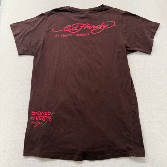 Ed Hardy by Christian Audigier Men's Brown Cotton T-Shirt Graphic Tee Size M