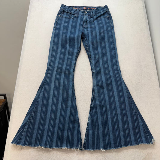 Cruel Hannah Women Blue Denim Bootcut Jeans Striped Bell Bottom Low Rise Size 28