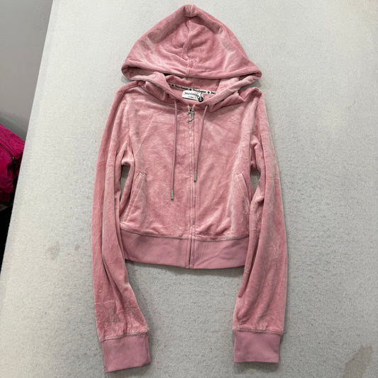 Juicy Couture Women's Light Pink Velour Cropped Hoodie Rhinestone Logo Size M