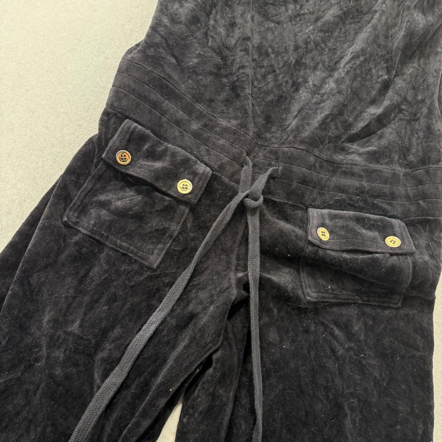 Juicy Couture Women's Black Velour Wide Leg Jumpsuit Buttons Drawstring Size M