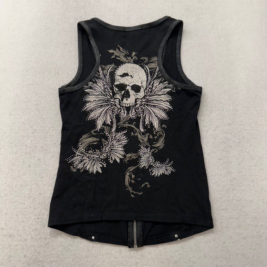 Los Angeles Bus Stop Women's Black Zip Up Tank Top Skull Studs Graphic Size S
