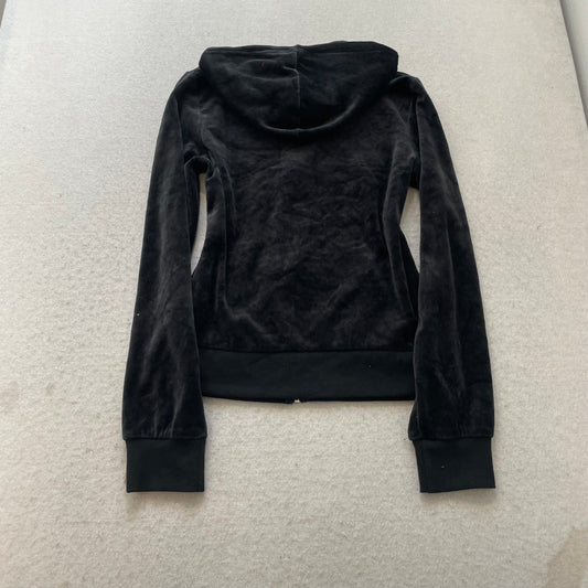Juicy Couture Women's Black Velour Zip-Up Hoodie Drawstring Pockets Y2k Size M