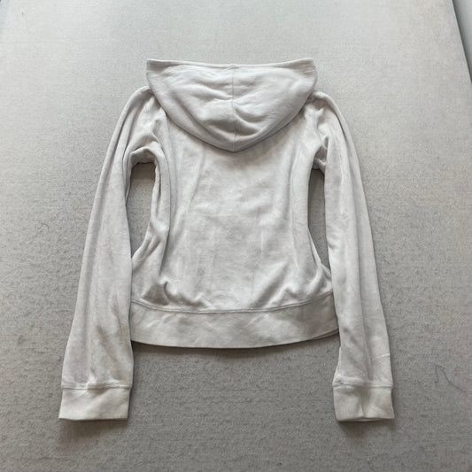 Vintage Juicy Couture Women's White Velour Zip-Up Hoodie Kangaroo Pockets Size S