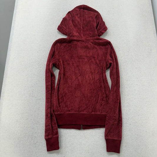 Hollister Women's Maroon Velour Zip Up Hoodie Split Kangaroo Pockets Y2K Size XS