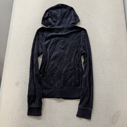 Juicy Couture Women's Navy Velour Full Zip Hoodie Split Kangaroo Pockets Size M