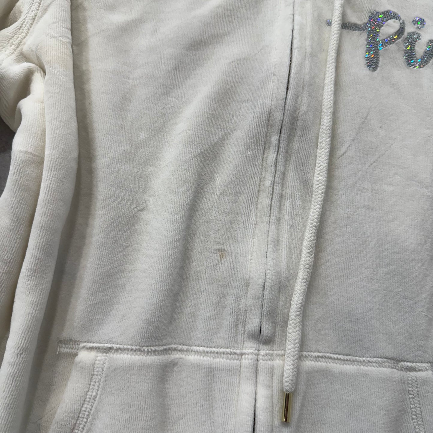 PINK Victoria's Secret Women's Ivory Full Zip Hoodie Sequins Graphic Size M