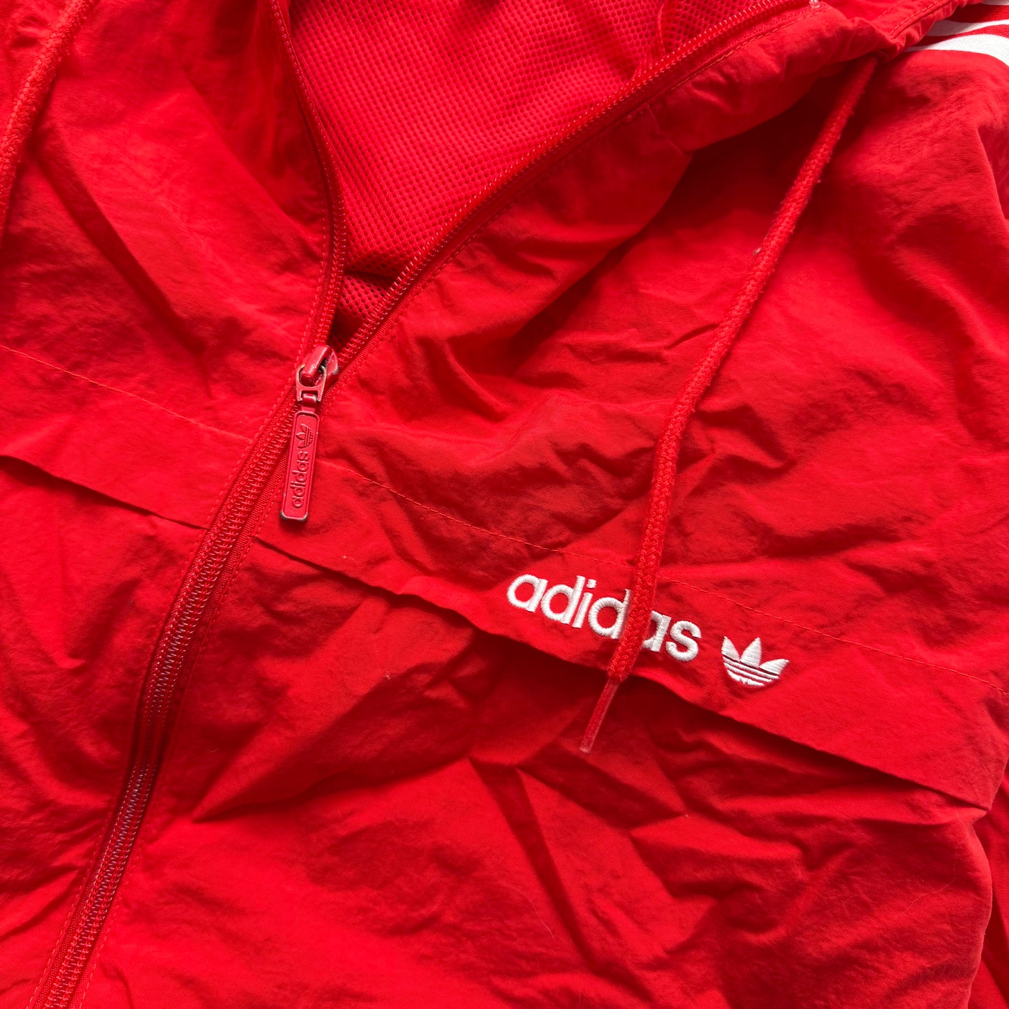 Adidas Men's Bright Red Polyester Zip Up Windbreaker Hoodie 3-Stripe Logo Size L