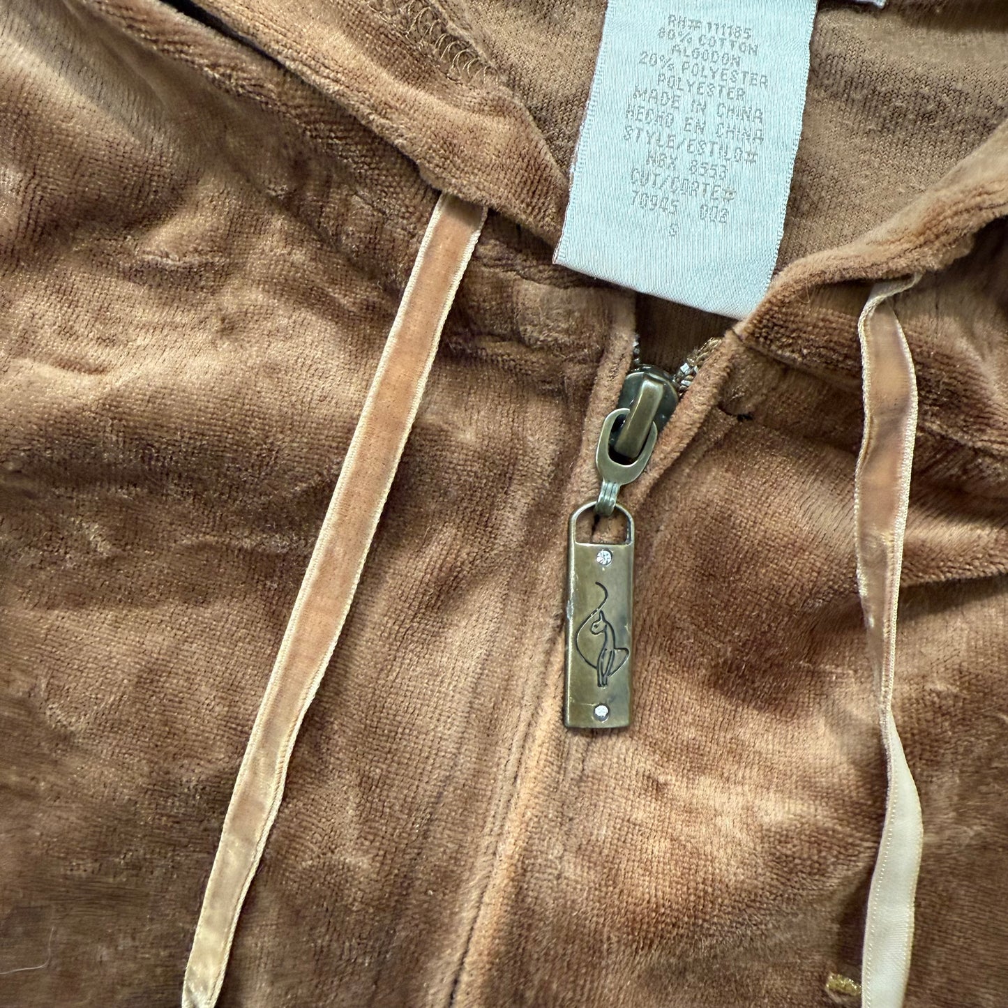 Vintage Baby Phat Womens Caramel Brown Velour Zip Up Hoodie Gold Cat Logo Size S