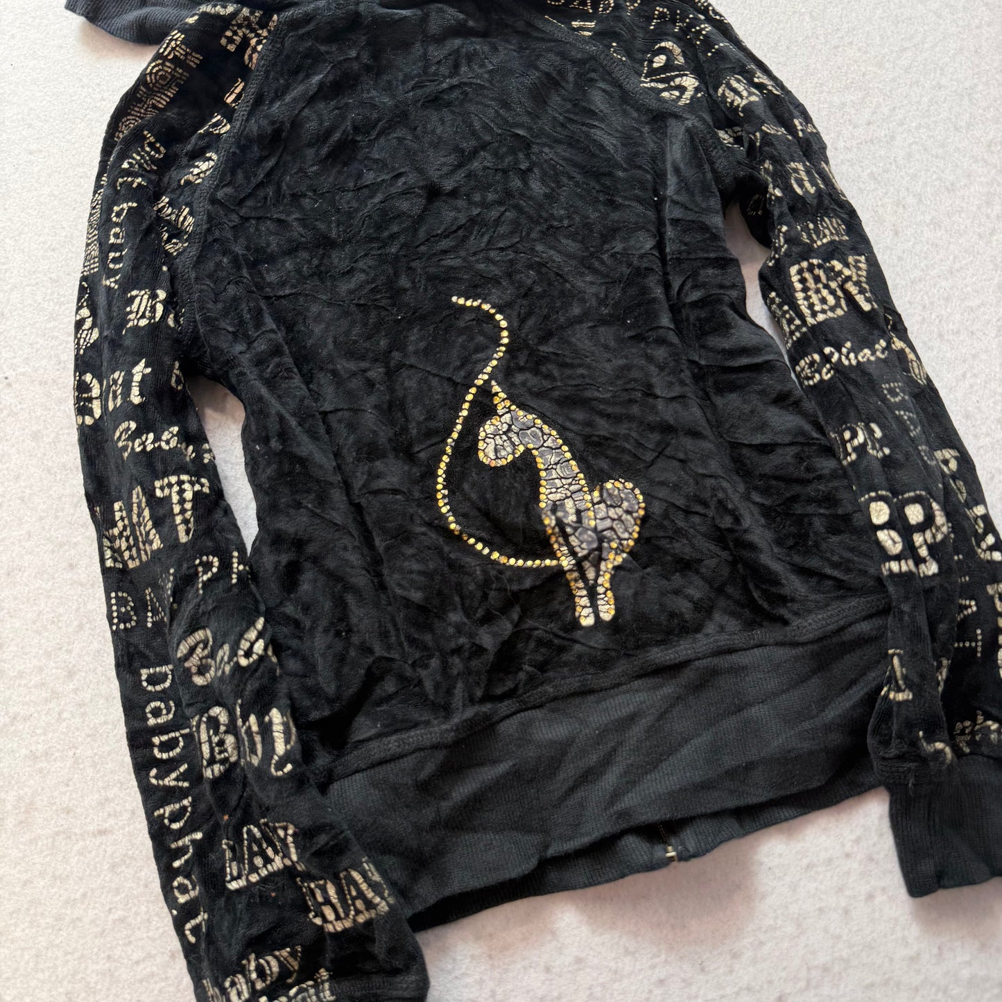 Baby Phat Women Black Velour Zip Up Hoodie All-Over Print Rhinestone Logo Size L