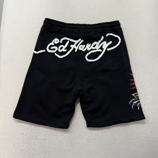 ED HARDY “Panther Rose” BLACK FLEECE SHORTS