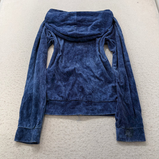Juicy Couture Women's Navy Blue Velour Zip-Up Hoodie Pockets Loungewear Size L