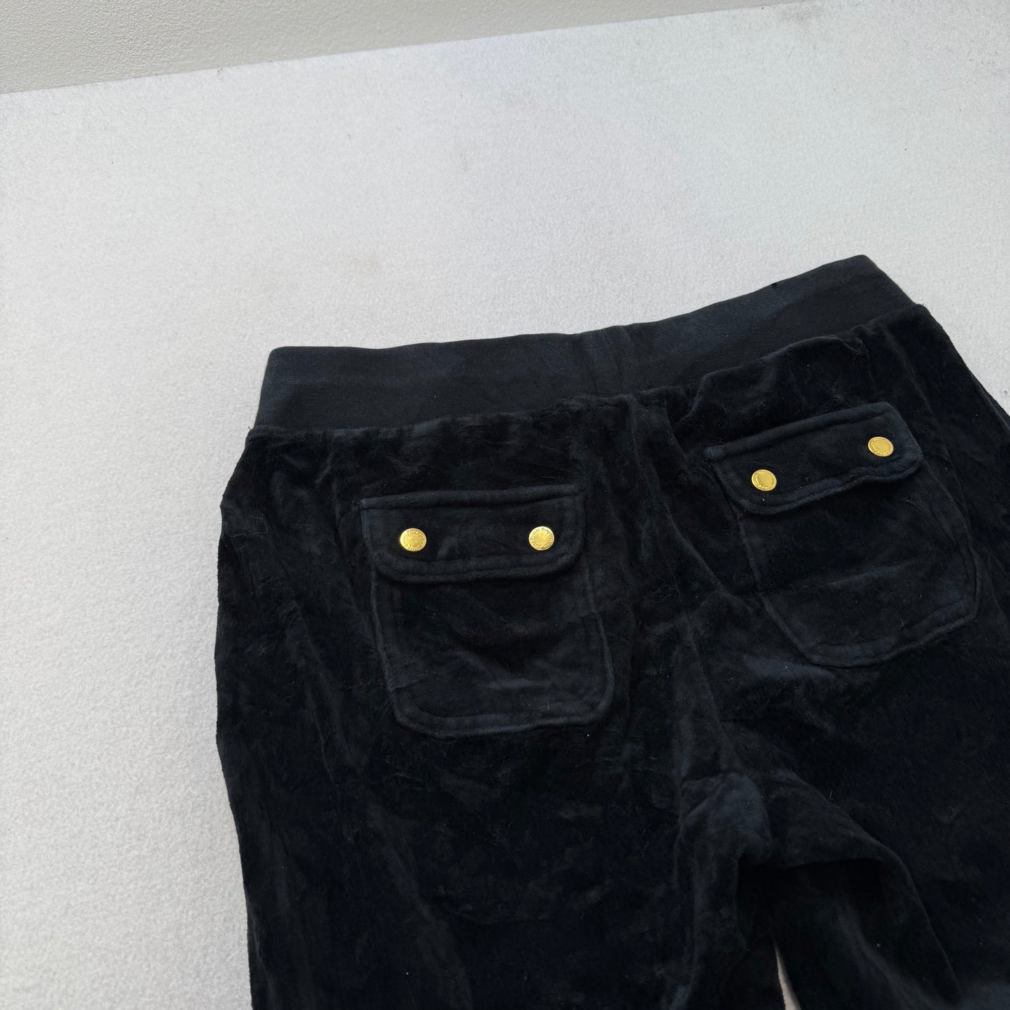 Juicy Couture Women's Jet Black Velour Flared Track Pant Back Snap Pocket Size S