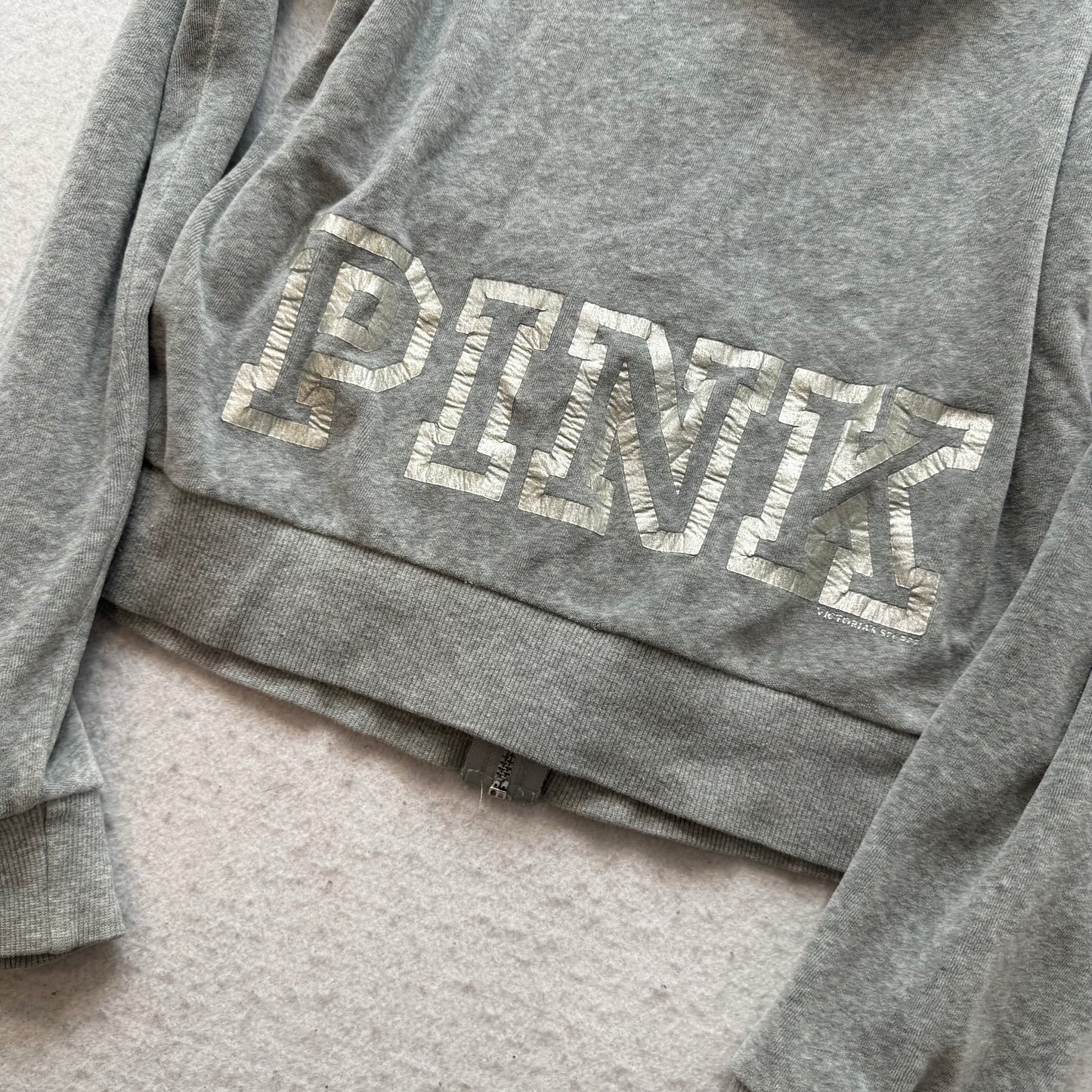 Victoria's Secret PINK Women's Gray Velour Full Zip Hoodie Drawstring Y2k Size L