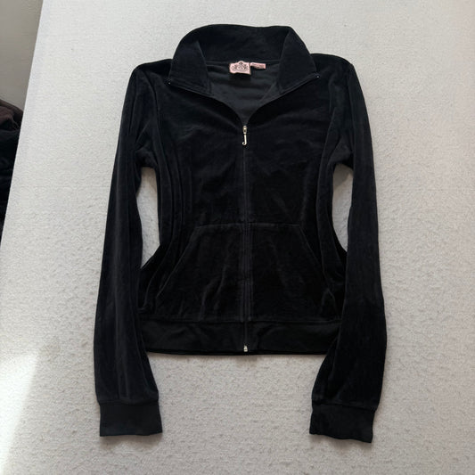 Vintage Juicy Couture Womens Black Velour Zip-Up Hoodie Butterfly Graphic Size L