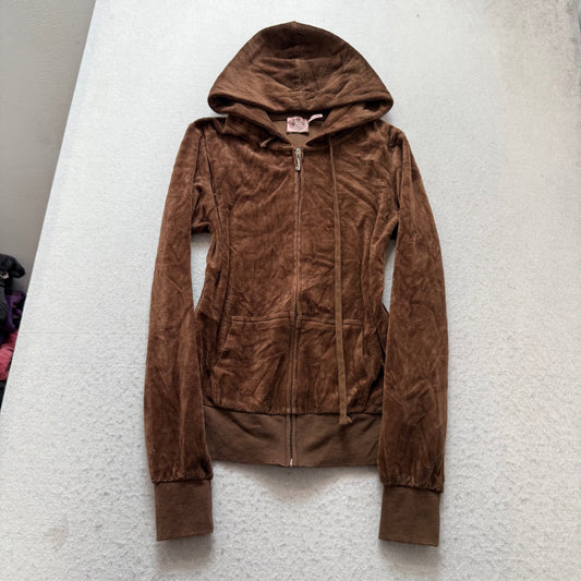 Vintage Juicy Couture Queen of Couture Women's Brown Velour Zip-Up Hoodie Size S