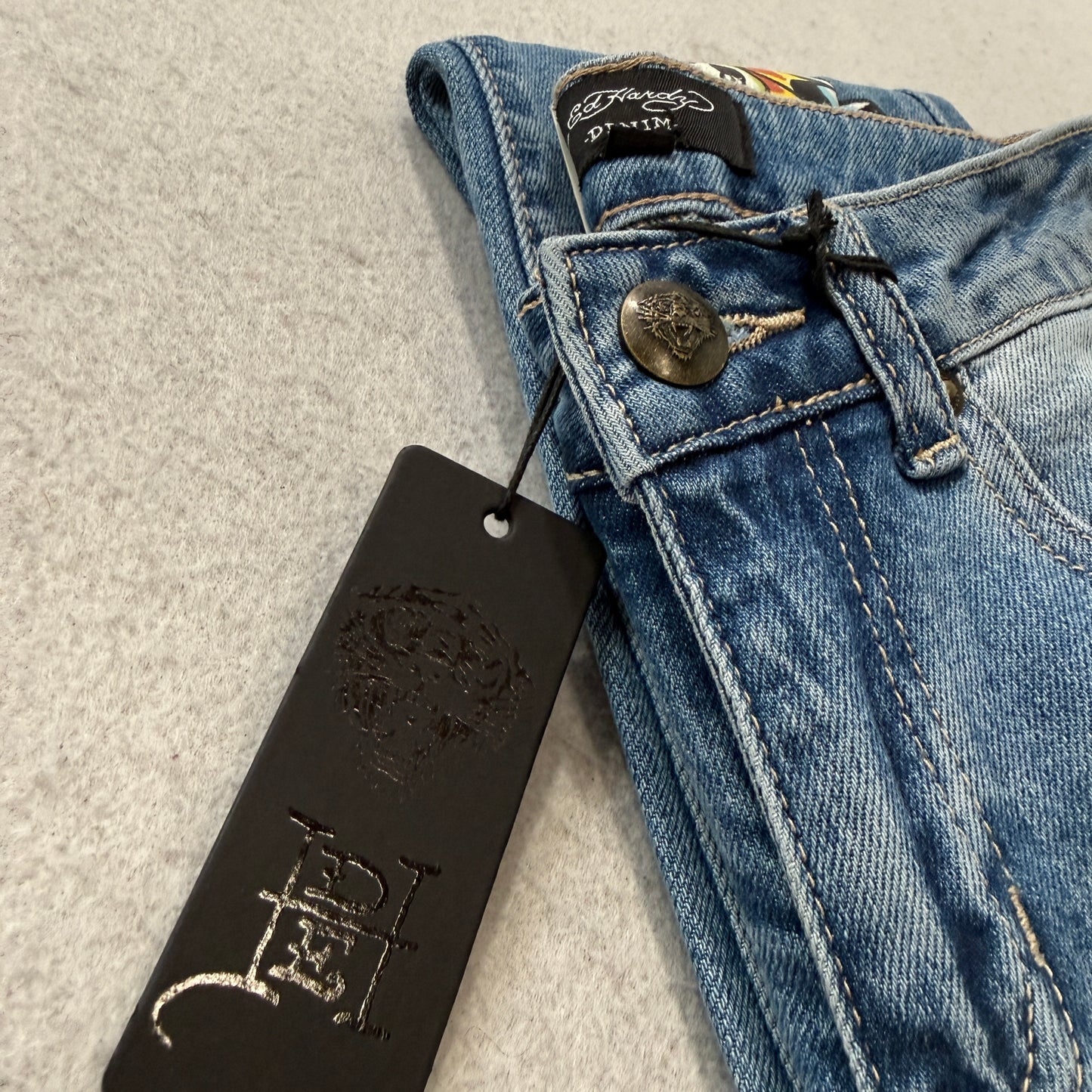 Ed Hardy Women's Blue Skull Rose Graphic Flare Denim Jeans Tattoo Print Size 24