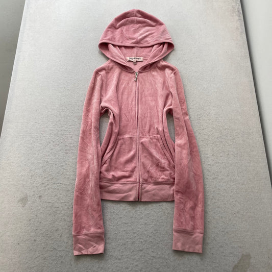 Juicy Couture Women Pink Velour Zip-Up Hoodie Loungewear Scottie Dog Logo Size M