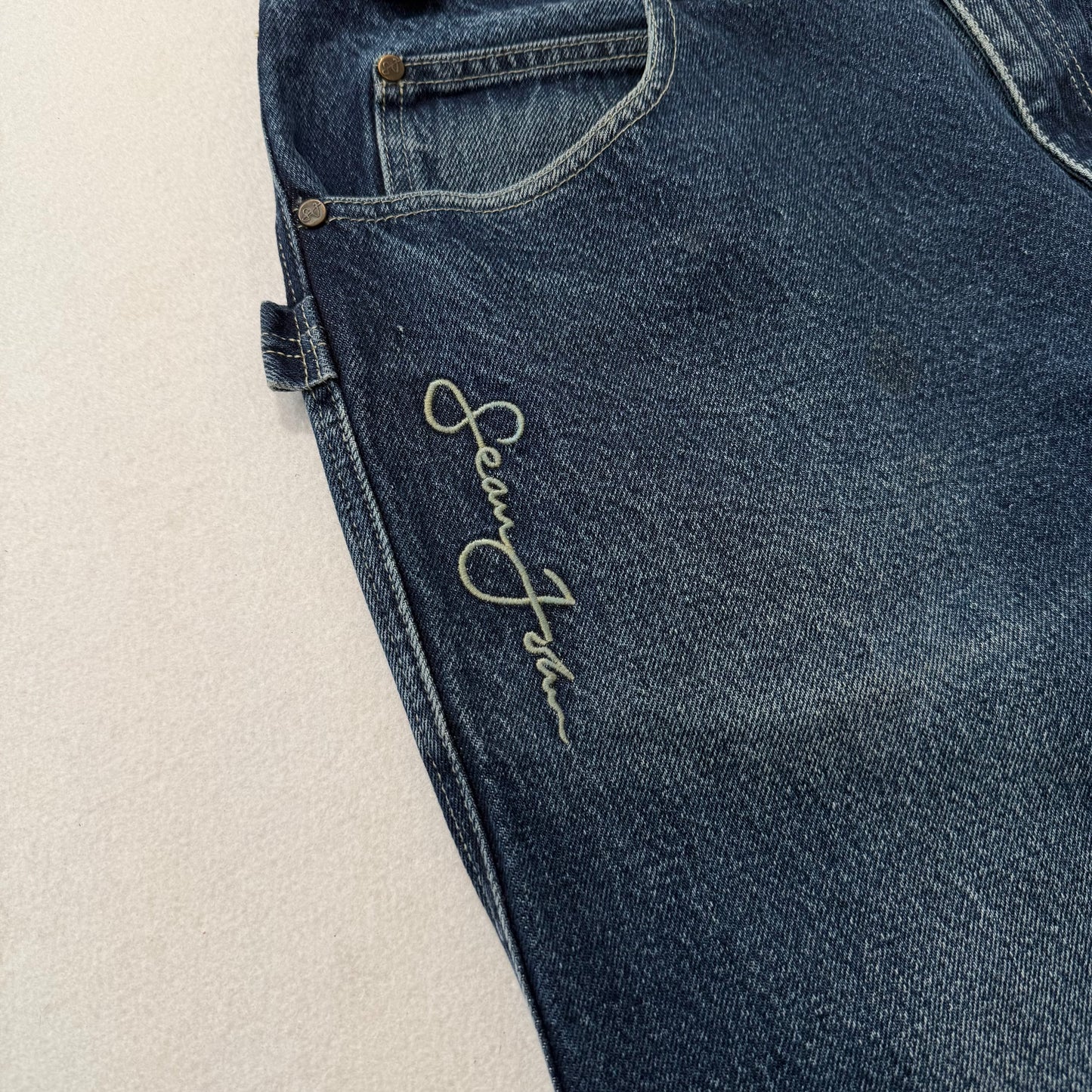 Sean John Dark Blue Denim Jeans Straight Leg Embroidered Logo 100% Cotton Size 34