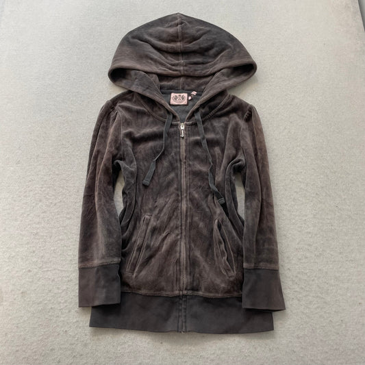 Juicy Couture Women Charcoal Grey Velour Zip-Up Hoodie Back Graphic Print Size P