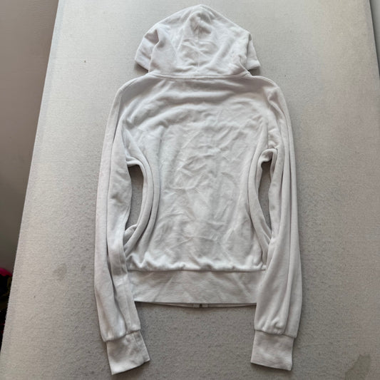 Juicy Couture Women's White Velour Zip-Up Hoodie Drawstring Pockets Y2k Size XL