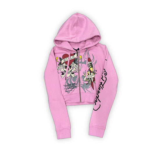 Ed Hardy “Tiger Dagger” Pink Cropped Zip Up Hoodie - Clean Curriculums