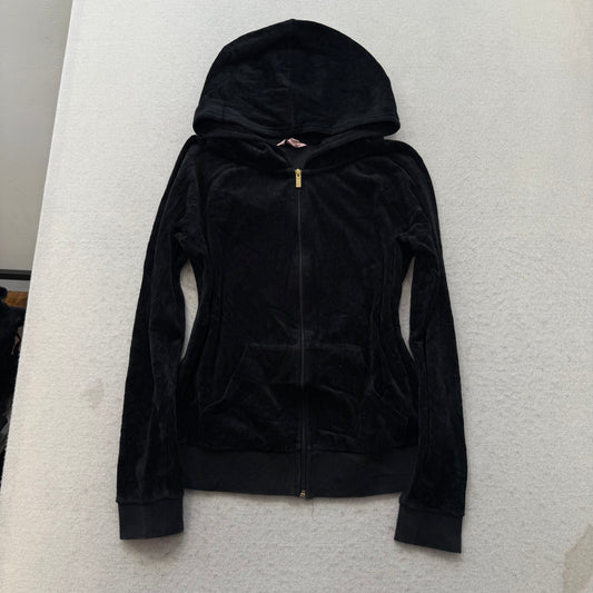Vtg Juicy Couture Womens Black Velour Tracksuit Set Hoodie & Flare Pant Size M/L