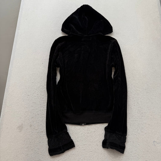2003 Vintage Juicy Couture Women's Black Velour Zip-Up Hoodie Lace Cuffs Size M