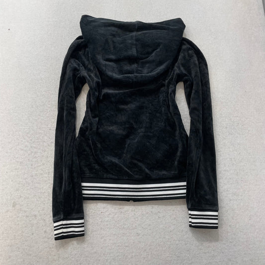 Juicy Couture Womens Black Velour Zip-Up Hoodie Striped Cuffs and Hem Y2k Size S