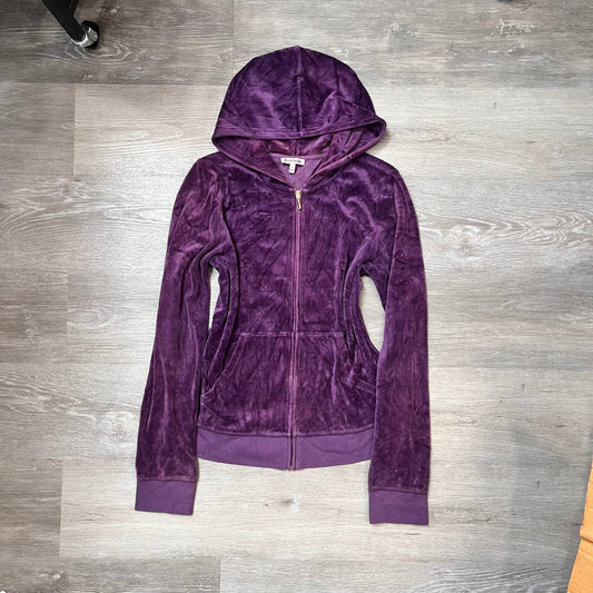 Juicy Couture Womens Deep Purple Velour Zip-Up Hoodie Crown Graphic Logo Size XL