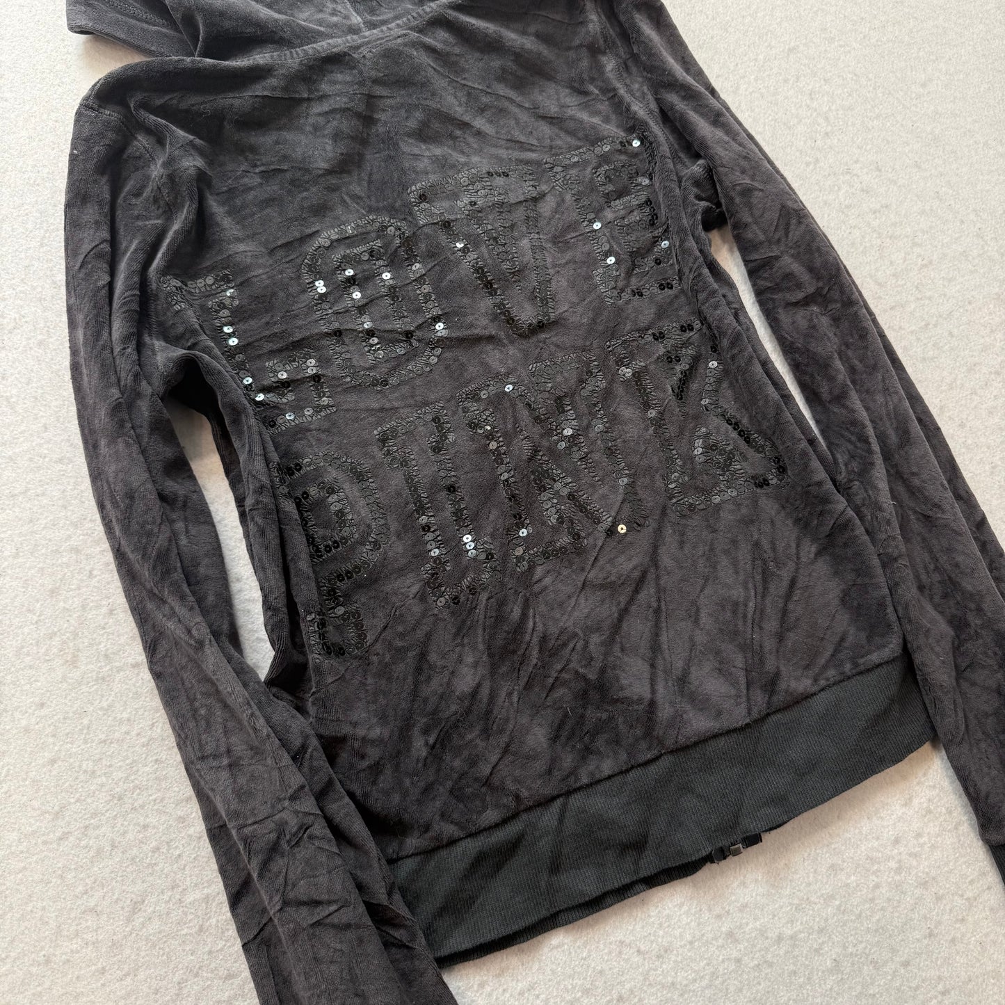 Victoria's Secret PINK Women's Black Velour Zip-Up Hoodie Sequin Logo Size M