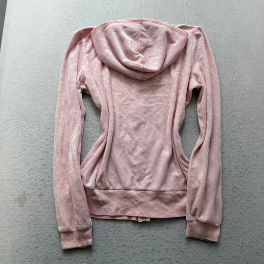 Vintage Juicy Couture Women Baby Pink Velour Zip-Up Hoodie Loungewear Y2k Size L