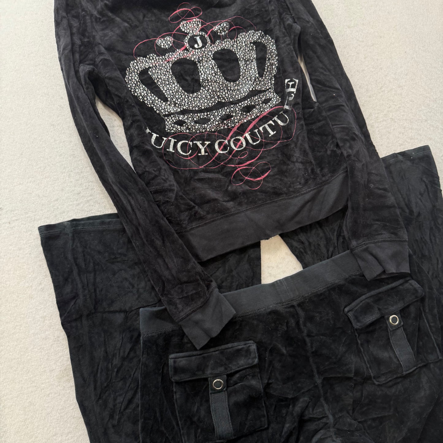 Vintage Juicy Couture Women's Black Velour Tracksuit Set Rhinestone Crown Size L