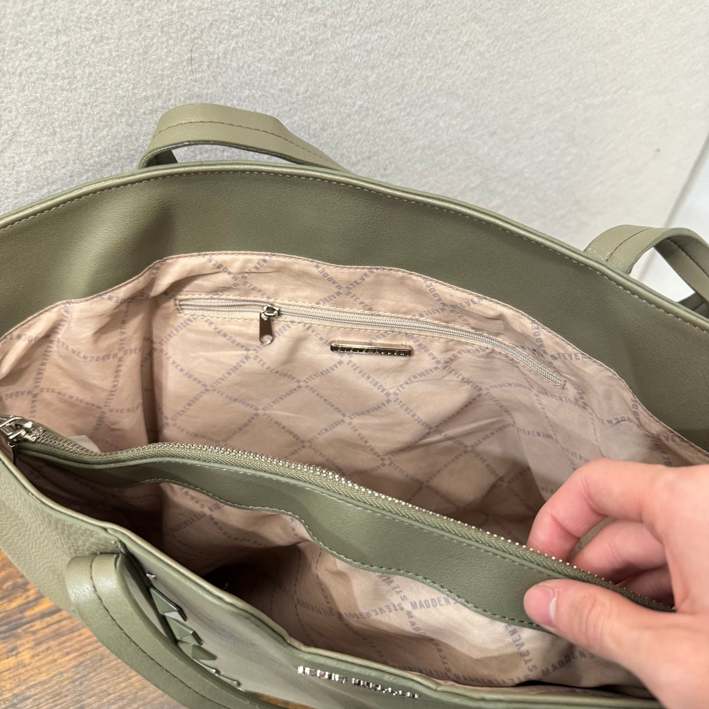 Steve Madden Olive Green Leather Studded Casual Wear Shoulder Tote Bag