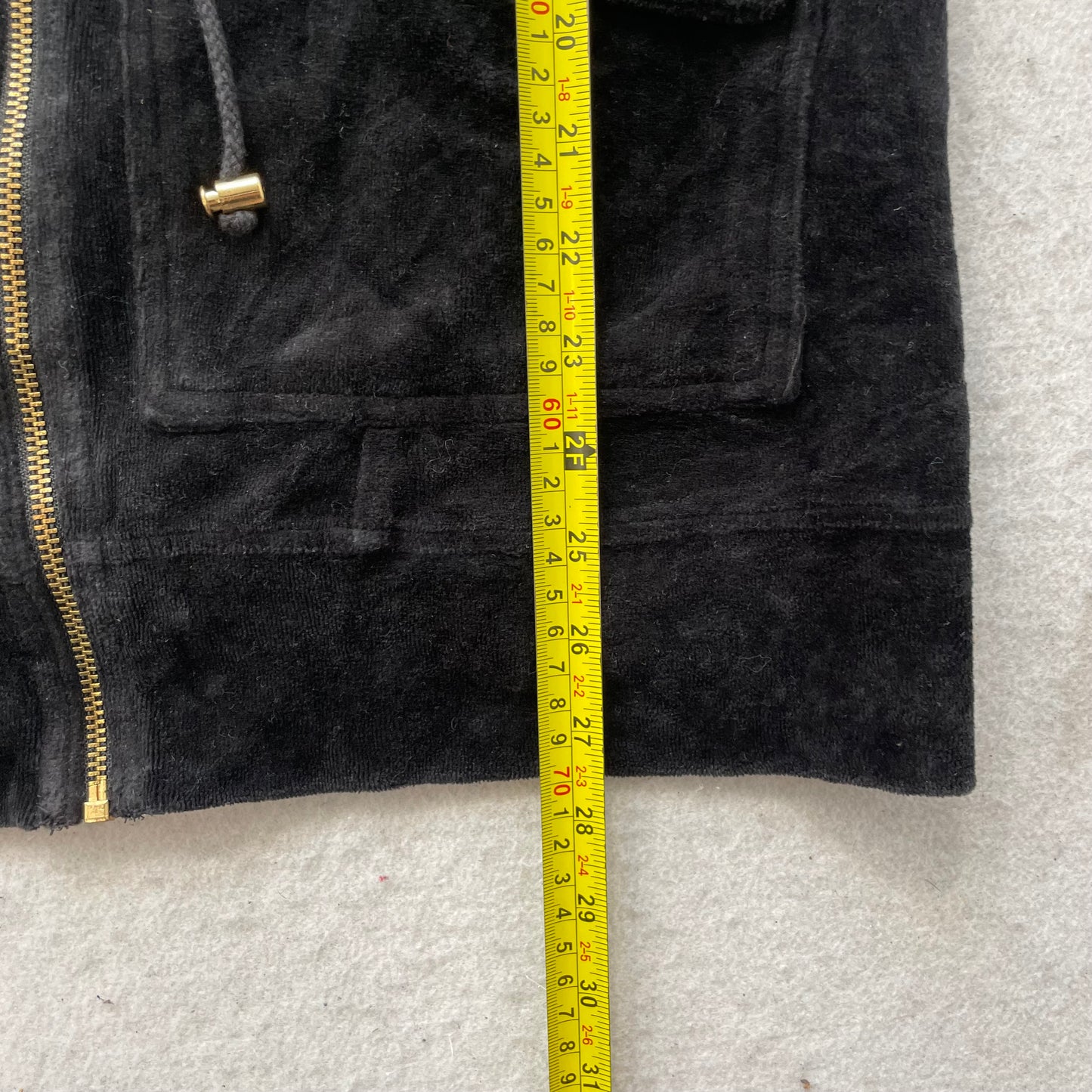 Juicy Couture Womens Black Velour Zip-Up Hooded Jacket Pockets Drawstring Size M