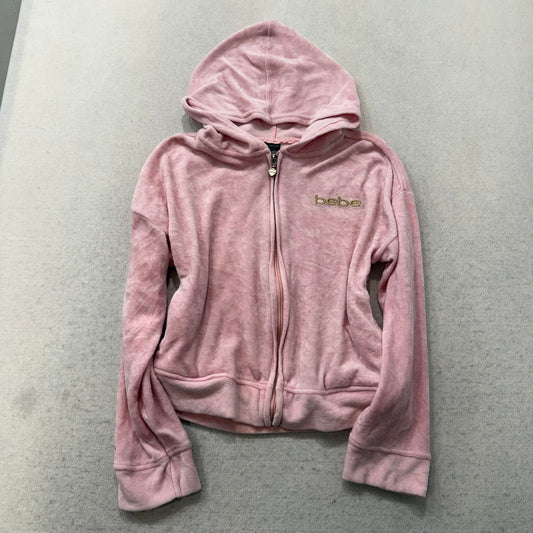 Bebe Women's Baby Pink Velour Full Zip Cropped Hoodie Rhinestones Logo Size S