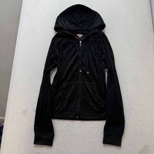 Juicy Couture Women's Black Velour Zip-Up Hoodie Gold Sequins Logo Y2K Size XL