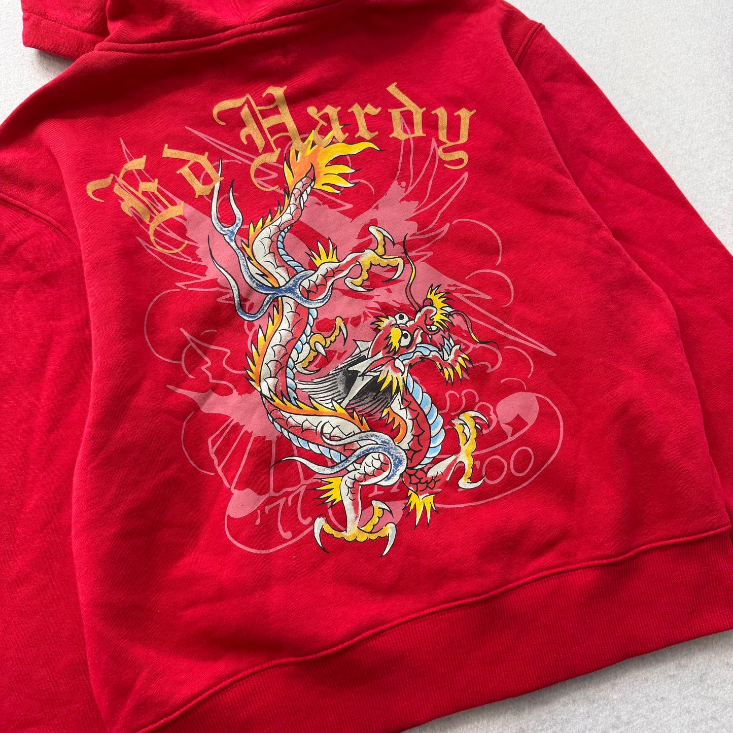 Ed Hardy Women's Red Cotton Full Zip Cropped Hoodie Dragon Graphic Y2K Size M