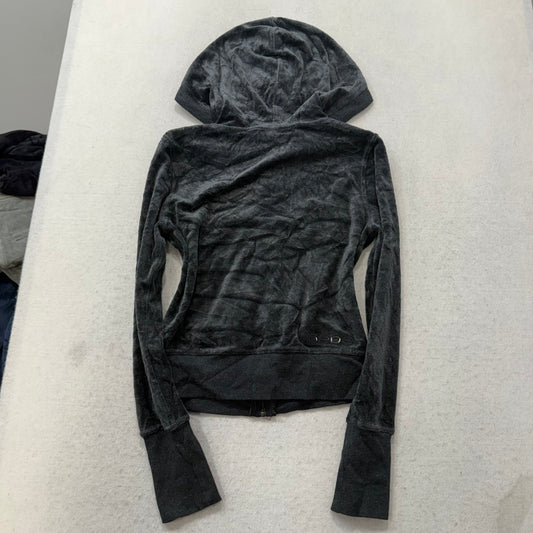 Bebe Women's Black Velour Zip-Up Hoodie Drawstring Rhinestones Logo Y2k Size M
