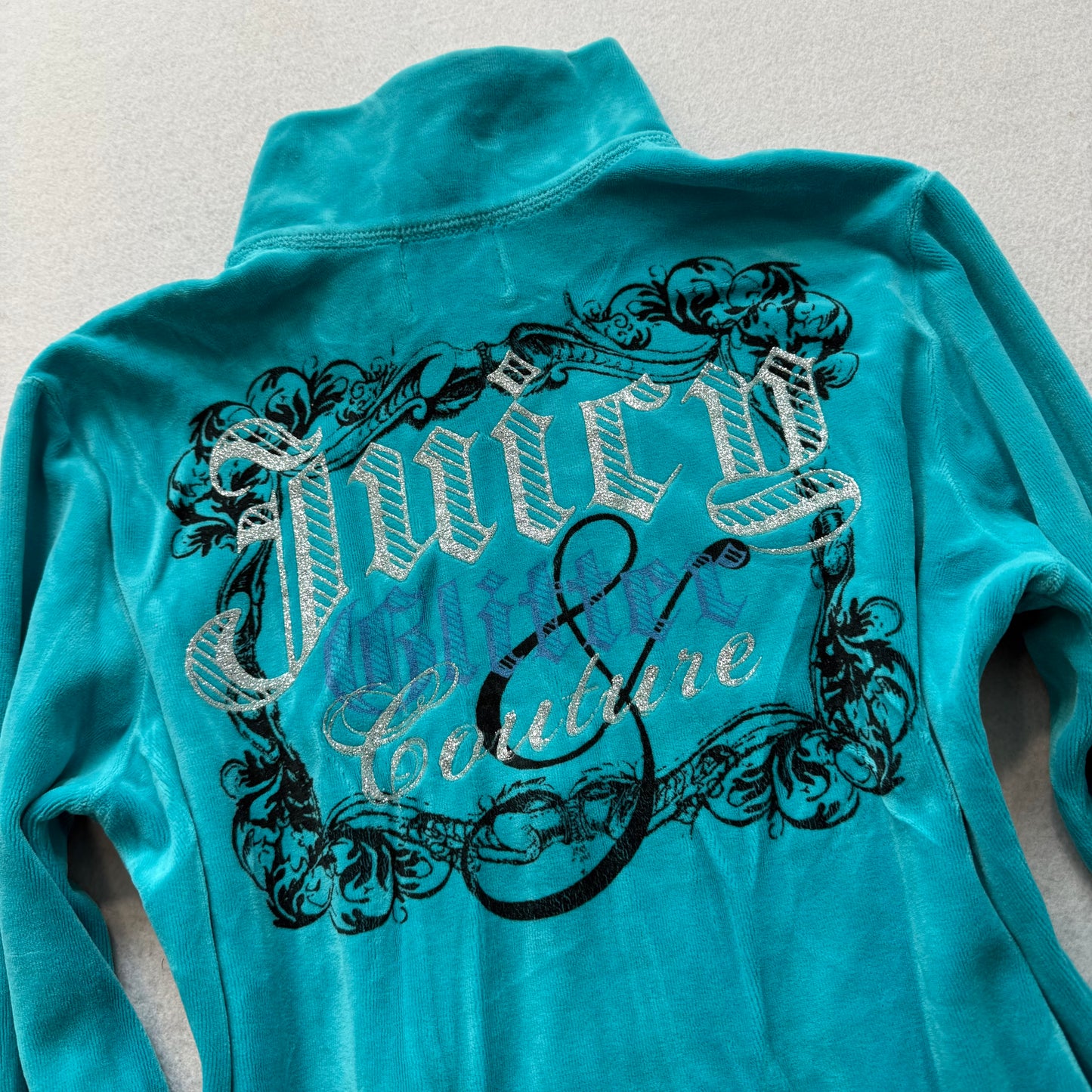Vintage Juicy Glitter Couture Women's Aqua Blue Velour Track Jacket Logo Size L